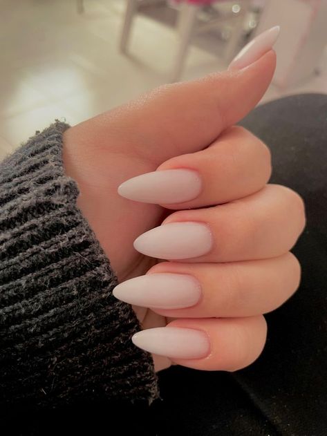 Thank you for your support😇 I would be happy if you subscribe to my instagram and pinterest page💜 Matte White Nails Almond, Matte Milky Nails, Plain White Nails Almond, Aesthetic Nails Matte, Bone White Nails, Tan White Nails, Milky White Matte Nails, Matte White Acrylic Nails, Long White Almond Nails