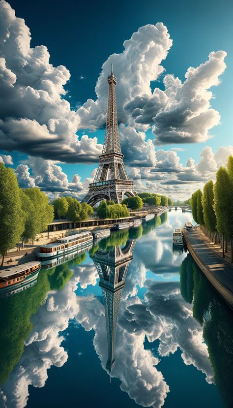 Eiffel Tower reaching upwards towards a sky filled with voluminous white clouds, reflected in the calm waters of the Seine River, with houseboats and tree-lined banks. Pakistan Nature, Eiffel Tower Pictures, Los Angeles Wallpaper, Eiffel Tower Art, Eiffel Tower Photography, Cityscape Wallpaper, Seine River, Paris Tour Eiffel, Pretty Wallpapers Tumblr