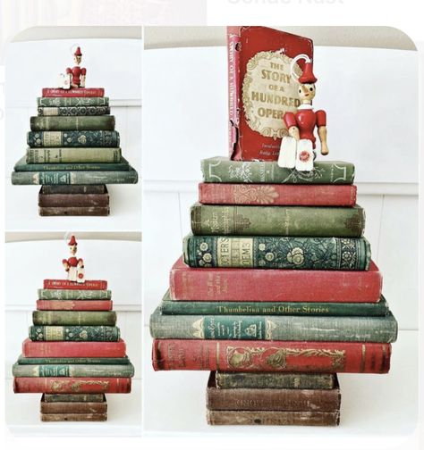 Stacked Book Christmas Tree, Vintage Book Christmas Tree, Antique Book Display Ideas, Christmas Trees From Books, Christmas Books Decor, Book Stacking Ideas Display, Christmas Decor For Bookshelves, Decorate Bookshelves For Christmas, Christmas Book Decor