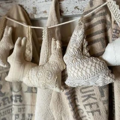 EASTER BRUNCH | Shop Sales Events Antique Farmhouse Vintage Linens Repurposed Projects, Sewing Garland, Primitive Easter Decor, Artistic Crafts, Bunny Garland, Embroidered Animals, Bunny Statue, Easter Decorating, Antique Booth