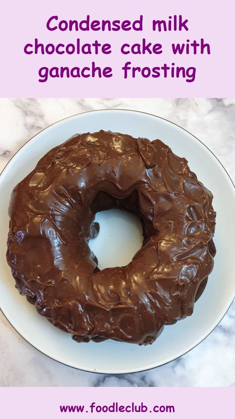 A round bundt-shaped chocolate cake covered in chocolate ganache on a white plate. Condensed Milk Chocolate Cake, Chocolate Cake With Condensed Milk, Recipes Using Condensed Milk, Cake With Condensed Milk, Milk Chocolate Cake, Sweetened Condensed Milk Recipes, Condensed Milk Cake, Sweet Condensed Milk, Chocolate Ganache Cake