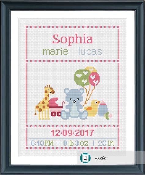 Birth Cross Stitch, Birth Announcement Cross, Birth Sampler, Stitch Toy, Baby Cross Stitch Patterns, Boy Diy, Toys Diy, Stitch Gift, Baby Embroidery