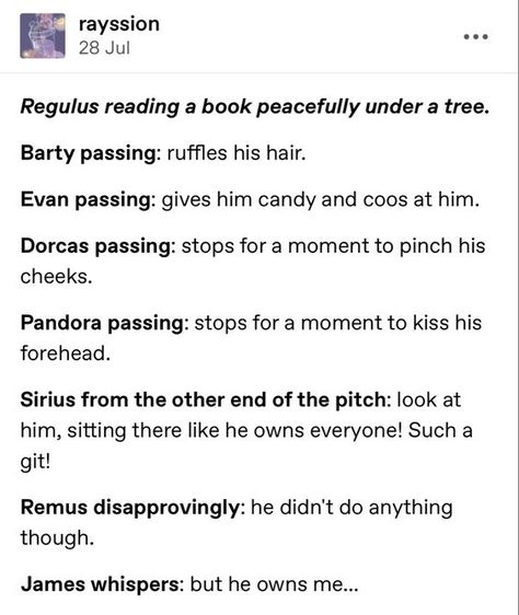 marauders #jamespotter #regulusblack #jegulus #remuslupin #siriusblack #wolfstar sirius/james rosekiller, wolfstar, slytherins, jegulus, School years make me very emotional. When they were just allowed to be kids wolfstar text post fan art Harry, James Potter Sirius black and remus lupin from marauders, Jegulus ship, Starchaser, Lily Evans, Draco Malfoy, Hermione Granger sirius orion black slytherin skittles barty crouch bartemius crouch jr evan Harry Potter Marauders Headcanon, Marauders Era Funny, Harry Potter Headcannons The Marauders, Marauders Era Fan Art, Regulus Acturus Black, Harry Potter Mauraders, Bartemius Crouch Jr, Sirius Black And Remus Lupin, Marauders Jegulus