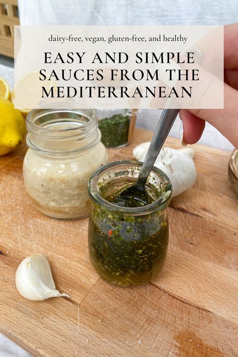 Refreshing Tzatziki, Tangy Tahini dressing, Baba Ganoush, Greek salad dressing… I made a blog post of my favorite Mediterranean dips and sauces! Every cuisine has its own unique sauces, but in my books, one of the best ones comes from the countries surrounded by the Mediterranean sea. What is your favorite dip/sauce and where does it originate? I'm super curious to know! 😋 Mediterranean Diet Salad Dressing Recipes, Herb Salad Dressing Recipes, Mediterranean Diet Dressing, Tzatziki Salad Dressing, Greek Tahini Dressing, Unique Salad Dressing Recipes, Lebanese Salad Dressing, Lebanese Dressing, Mediterranean Dressing Recipes