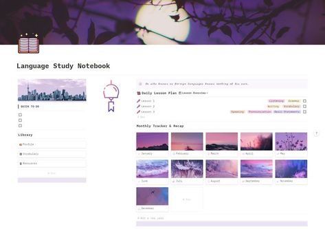 FREE Language Study Dashboard Notion Template! Great for digital note-taking, tracking, and organization! Works for formal education or self-study. Includes a Lesson Plan for daily note-taking & online tutorials, Calendar for scheduling lessons in advance, Monthly tracker, vocabulary list, profile & goals, and more! Learning Template, Language Journal, Free Wedding Planner, Tracker Free, Vocabulary List, Notion Template, Study Plan, Aesthetic Template, Notes Template