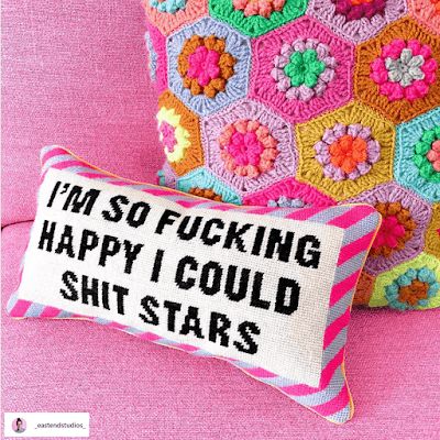 35 Needlepoint word pillows to get you stitching | CRAFT TREND ALERT | 'Im so fucking happy I could shit star' stitched throw pillow homeware that is cool to decorate your bed, sofa or occasional chair with. Cheeky sayings and quotes that you want in your house. Blog Post by Now that's Peachy Funny Throw Pillows, Diy Throw Pillows, Word Pillow, Funny Pillows, Needlepoint Pillow, Cross Stitch Pillow, Create Your Own Quotes, Needlepoint Designs, Vintage Needlepoint