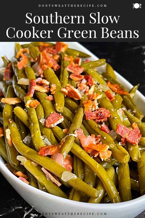 Slow Cooker Southern Green Beans, Crockpot Recipes Green Beans, Crockpot Green Beans Fresh, Smothered Green Beans Crockpot, Southern Green Beans Crockpot, Crockpot Green Beans And Bacon, Green Beans Crockpot Recipes, Green Beans Crock Pot, Crockpot Fresh Green Beans