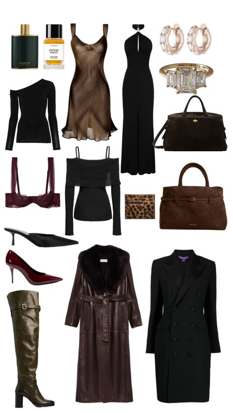 Sexy posh femme fatale archetype glamorous clothes confident woman wardrobe Aesthetic Wardrobe Essentials, Posh Aesthetic, Woman Wardrobe, Aesthetic Wardrobe, Deep Winter, Confident Woman, Women's Wardrobe, Aesthetic Clothes, Wardrobe Essentials