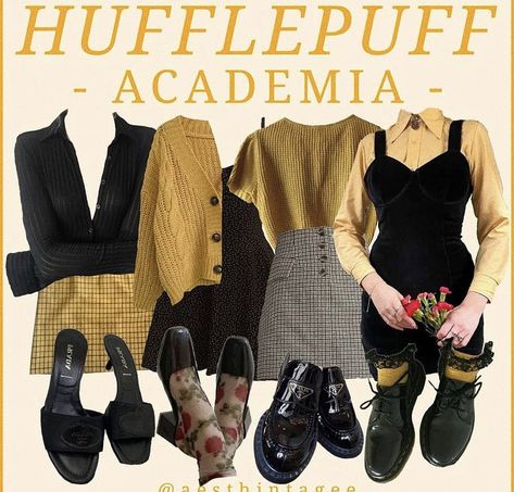 Hufflepuff Academia Outfit, Hufflepuff Academia, Hufflepuff Wardrobe, Hufflepuff Aesthetic Outfits, Hufflepuff Inspired Outfits, Hufflepuff Outfit, Lords And Ladies, Academia Aesthetic Outfit, Hogwarts Outfits