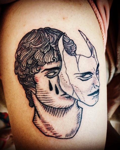 Play Mask Tattoo, Hiding Behind A Mask Tattoo, Double Mask Tattoo, Face With Mask Tattoo, Omni Mask Tattoo Design, Masking Tattoo, Hand Mask Tattoo, 2 Faced Tattoo, Poker Face Tattoo