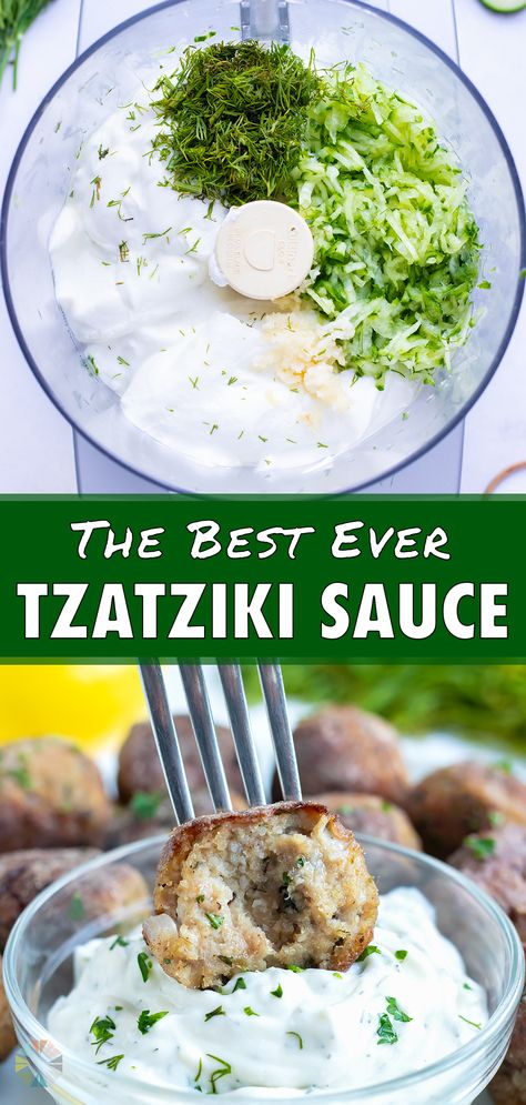 Healthy Greek Tzatziki Sauce is an easy low-carb sauce for all your Greek recipes. This sauce is made with Greek yogurt, shredded cucumber, fresh dill, lemon juice, and garlic. This flavorful dip is combined in a food processor for a creamy texture and authentic flavor. Enjoy this homemade Mediterranean sauce with kabobs, gyros, or falafel. Lemon Tzatziki Sauce, Cucumber Dip Greek, Mediterranean Tzatziki Sauce, Tzatziki Cucumber Salad, Mediterranean Sauce Recipes, Greek Sauce Tzatziki, Api Diet, Mediterranean Sauces, Tzatziki Sauce Recipe Greek Yogurt