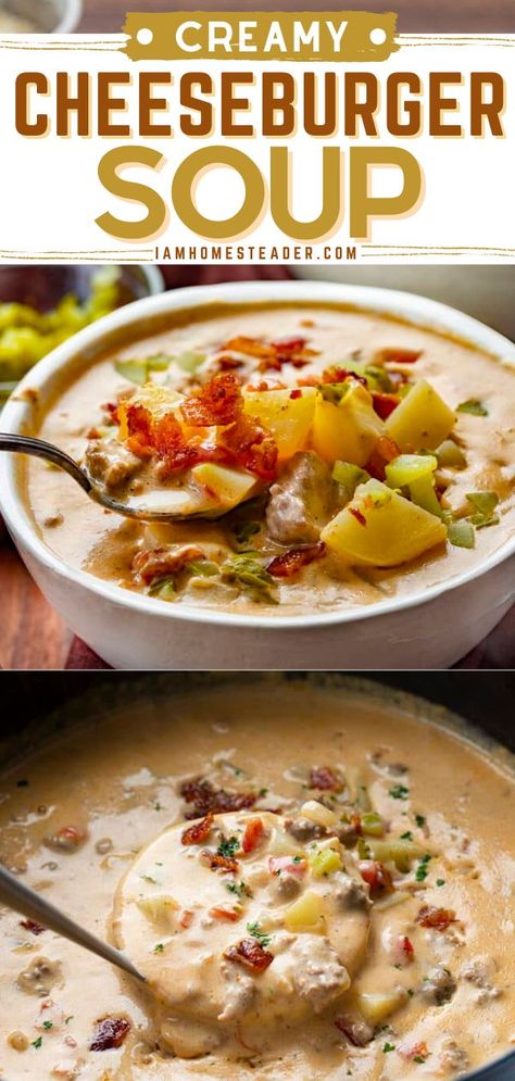 Creamy Cheeseburger Soup, Dill Pickle Soup, Food For Dinner, Beef Potatoes, Bacon Cheeseburger Soup, Beer Cheese Soups, Soups Stews Chilis, Pot Pie Soup, Roasted Tomato Soup