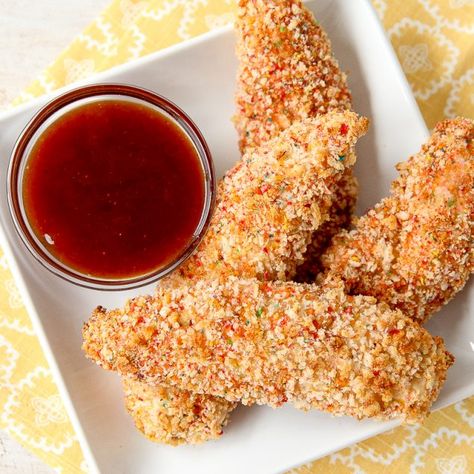 Fruity Pebbles Crusted Chicken Tenders Recipe | Post Consumer Brands Apricot Bbq Sauce, Fruity Pebble, Fruity Pebbles Cereal, Crusted Chicken Tenders, Barbecue Chicken Recipe, Chicken Tender Recipes, Rainbow Food, Crusted Chicken, Fruity Pebbles