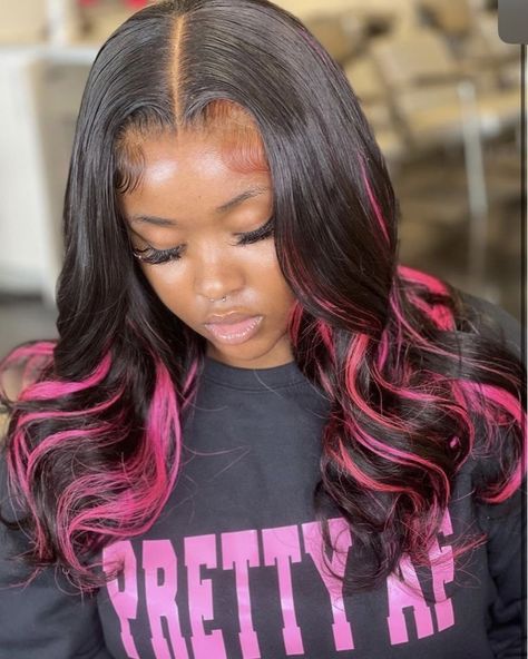 Black Wig With Pink Highlights Middle Part, Pink And Black Sew In Leave Out, Black Lace Front With Pink Highlights, Pink Sew In Weave Black Women, Peekaboo Quick Weave Middle Part, Middle Part Leave Out Quick Weave, Baddie Wigs, Colourful Wigs, Pink And Black Hair