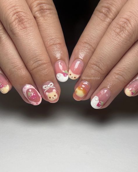 Cute Short Kawaii Nails, Korilakkuma Nails, Short Kawaii Nails, Rilakkuma Nails, Makeup Nails Art, Kawaii Nails, Rilakkuma, Cute Shorts, Nails Art