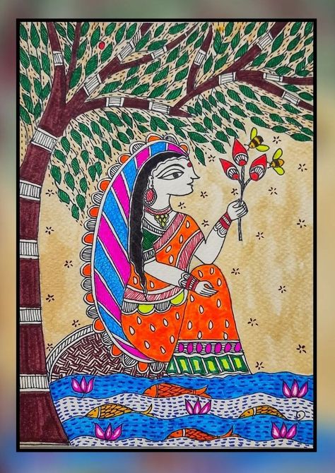 Madhubani art on A5 paper. Madhubani Lady, Painted Clothing, Madhubani Art, Hand Painted, Art