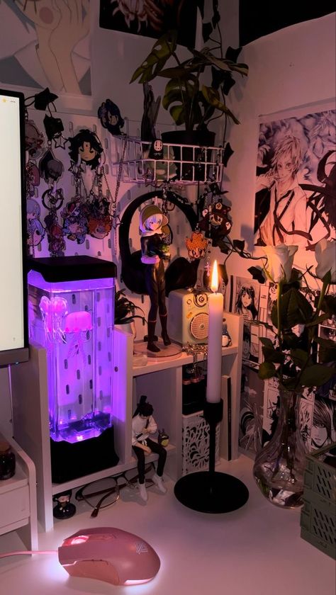 Emo Goth Room Ideas, Japanese Anime Bedroom, Room Ideas Genshin, Room Idea Anime, Evangelion Room Decor, Aesthetic Anime Rooms, Genshin Room Ideas, Genshin Bedroom, Gaming Anime Room