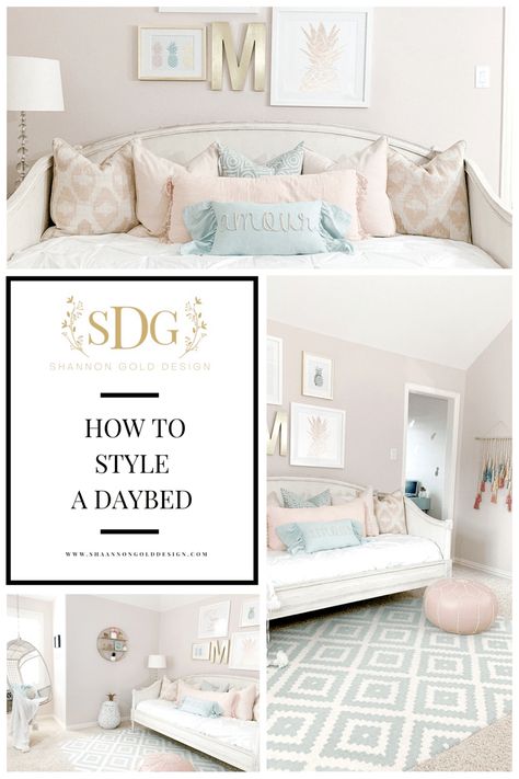 I'm sharing how to style a daybed to make it the perfect spot for tweens and teens to hangout, lounge, and sleep. Teen Day Bed, Daybed Teen Room, How To Style A Daybed Like A Couch, Daybed Styling Ideas Bedroom, Style Daybed Like Couch, Day Bed Bedding, Girl Daybed Room Ideas, Style A Daybed, Styling A Daybed