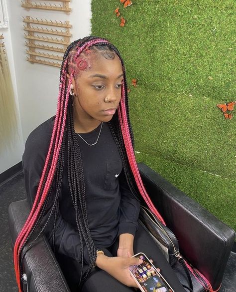 Knotless Box Braids With Color Pink, Pink And Black Small Knotless Braids, Medium Knotless Braids Color Ideas, Brown Skunk Stripe Knotless Braids, Skunk Strip Knotless Braids, Braid Hairstyles With Color, Large Knotless With Color, Peka Boo Braids Color, Peak A Boo Knotless Braids