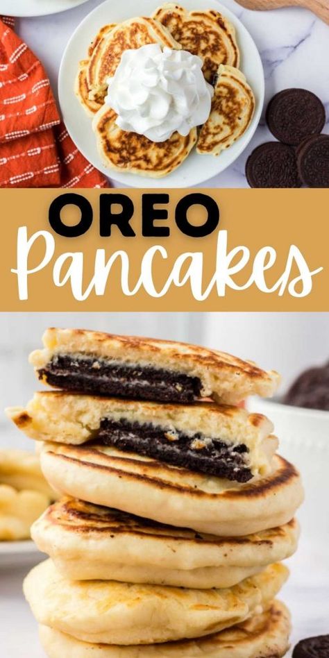 How To Make Oreo Pancakes, Oreo Pancakes Recipe, Pancake Ideas, Oreo Pancakes, Basic Pancakes, Freeze Pancakes, Eating On A Dime, Special Breakfast, Cinnamon Roll Pancakes