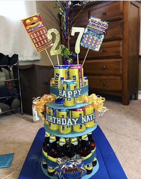 Twisted Tea Cake Tower, Energy Drink Cake Tower, Twisted Tea Birthday, Twisted Tea Cake, Alcohol Tower 21st Birthday, Alcohol Tower, Tea Birthday Cake, Liquor Cakes, Cake 21st Birthday