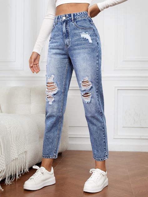 SHEIN Essnce Ripped Mom Fit JeansI discovered amazing products on SHEIN.com, come check them out! Female Jeans, Mom Fit Jeans, Rip Mom, Modern Womens Fashion, Mom Denim, Jeans Mom, Jacket Fashion, Jeans Online, Women Denim Jeans