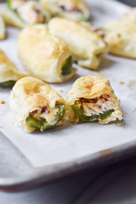 Rachel Schultz: PUFF PASTRY JALAPEÑO POPPERS House Party Food, Pepper Poppers, Puff Pastry Appetizers, Jalapeño Poppers, Jalapeno Recipes, Colby Jack, Jalapeno Popper, Crescent Roll Recipes, Food Appetizers