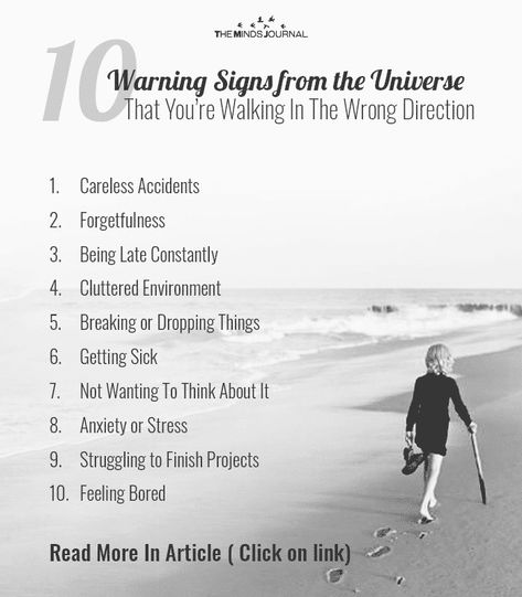 Signs from the Universe That You’re Walking In The Wrong Direction  There is no wrong path in this life. All roads lead home, it just depends which journey you want to take.  If you are questioning whether you are on the right track, if things are starting to feel off balance to you, here are 10 subtle signs the Universe will send to help steer you in a different direction  Read More - https://themindsjournal.com/10-signs-from-the-universe-that-you-are-walking-the-wrong-way/ Sign From The Universe, Sign From The Universe Quotes, Seeing Signs From The Universe Quotes, When The Universe Gives You Signs, Dead End Job, Signs From The Universe, Attract Wealth, Wealth Affirmations, Lost My Job