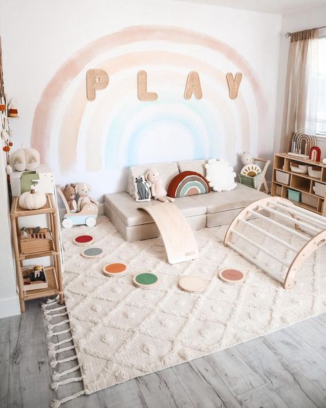 Haley Martino | playroom rug refresh ✨ I had been eyeing this beautiful rug for months now and thanks to @rugs_usa I got to bring it to life in my kids… | Instagram Boho Toddler Room, Structured Play, Activity Sensory, Rainbow Playroom, Small Playroom, Sensory Learning, Living Room Playroom, Baby Playroom