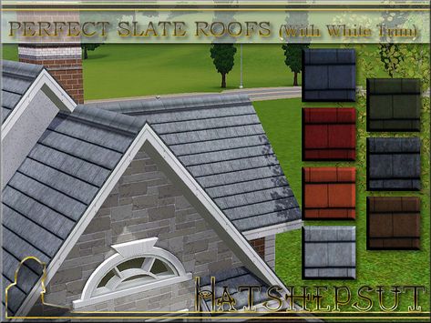 By request a set of my Perfect Slate Roofs now with a white roof trim.  Found in TSR Category 'Sims 3 Construction Sets' Sims 4 Roof, Roof Trim, Casas The Sims 4, Sims 4 Cc Furniture, Slate Roof, Sims 4 Build, Sims Community, Sims 4 Houses, Sims Mods