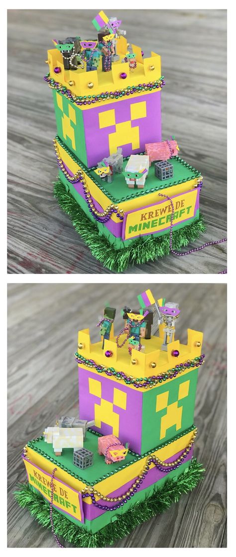 Minecraft Mardi Gras shoebox float parade! Diy Mardi Gras Float For Kids, Mardi Gras Float Ideas Diy, Mardi Gras Box Float For Kids, Mardi Gras Kids Float, Fiesta Parade Shoebox Floats, Mardi Gras Float Ideas Kids, Shoebox Mardi Gras Float For Kids, Shoe Box Mardi Gras Float For Kids, Shoebox Parade Float For Kids