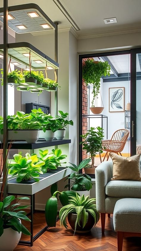 houseplants home decor Indoor Apartment Garden, Indoor Garden Ideas Apartments, Hydroponic Plants Indoor, Hydroponic Gardening Indoor, Indoor Food Garden, House Plants Ideas, Indoor Grow Room, Hydroponic Herb Garden, Indoor Farm