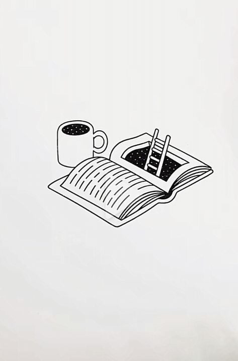 Coffee Book Tattoo, Reader Tattoo, Book Tattoos, Bookish Tattoos, Minimalist Book, 심플한 그림, Geniale Tattoos, Minimalist Drawing, Dorm Posters