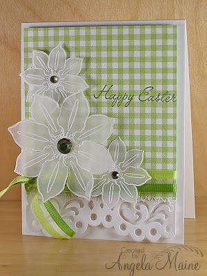 handmade card ... luv the trio of vellum flowers on the green gingham paper ... lovely!! Vellum Flowers, Vellum Cards, Composition Notebooks, Easter Cards Handmade, Parchment Cards, Tool Shed, Easter Greeting Cards, Green Gingham, Making Greeting Cards