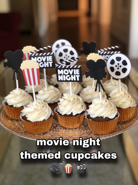 Movie Theater Cupcakes Ideas, Movie Theatre Themed Birthday Party, Movie Night Birthday Cupcakes, Movie Night Cupcake Ideas, Cupcakes Movie Theme, Hollywood Themed Cupcakes, Movie Theme Cupcakes Ideas, Movie Night Birthday Cake Ideas, Movie Cupcakes Ideas