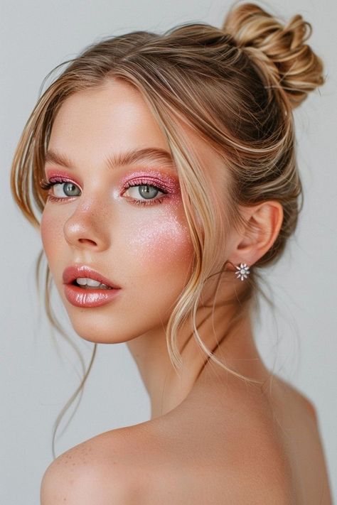 Full Glam Makeup Blue Eyes, Pastel Makeup Ideas, Pink Makeup Looks Soft Glam, Colorful Glitter Makeup, Bright Pink Eyeshadow Looks, Bold Pink Makeup, Pink Shimmer Eye Makeup, Soft Glitter Makeup, Subtle Pink Eyeshadow