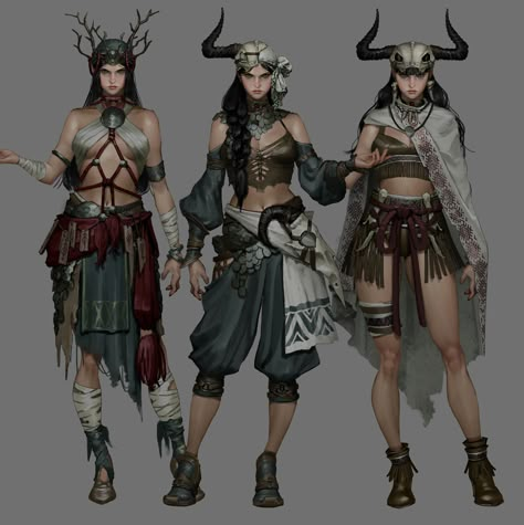 Witch With Horns, Tribe Outfit, Aesthetic Long Hair, Costume Concept Art, Stone Age People, Female Viking, Bog Witch, Amazon Warriors, African Tribe