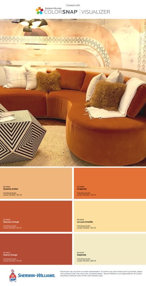 Fall Room Paint Ideas, Rust Orange And Cream Bedroom, Orange Furniture Paint, Muted Orange Paint Color, Burnt Orange Interior Paint, Behr Burnt Orange Paint, Muted Orange Living Room, Colors With Burnt Orange, Burnt Orange Suede Sofa