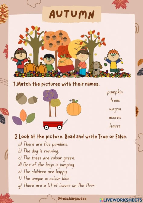 Primary School English Activities, Autumn Worksheet, English Autumn, Autumn Worksheets For Kids, Fall Worksheets, Fall Lesson Plans, Thanksgiving Writing, Esl Vocabulary, Esl Teaching Resources