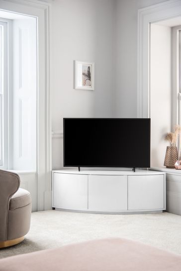 White Mode Curved Corner TV Stand Tv In Corner Of Bedroom, Tv Corner Wall Ideas, Tv Corner Ideas, Tv In Corner Of Living Room, Corner Tv Ideas, Corner Tv Units, Modern Corner Tv Stand, Tv Unit With Storage, Small Tv Cabinet