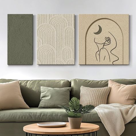 Amazon.com: Set of 3 Minimalist Figure Line Texture Canvas Wall Art Abstract Paintings, Sage Green and Beige Cream Wall Art for Bedroom, Living Room Wall Decor Ready to Hang: Posters & Prints Sage Green And Beige Living Room, Sage Green And Beige Bedroom, Green And Beige Living Room, Decor For Bedroom Wall, Bedroom Above Bed, Sage Living Room, Sage Green Decor, Minimalist Texture, Boho Canvas Art