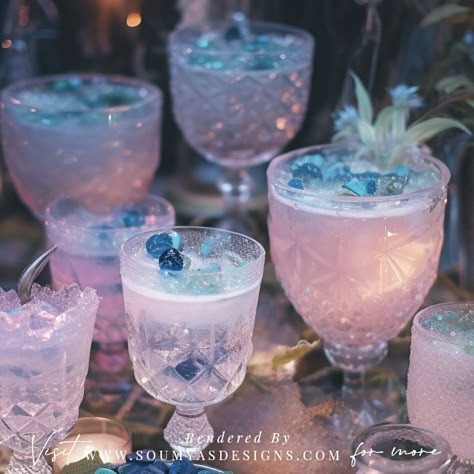 Fairy Inspired Food, Fairy Drinks For Kids, Fairytale Dinner Party, Fae Themed Party, Enchanted Cocktails, Enchanted Forest Food, Fairy Cocktails, Drink Set Up For Party, Enchanted Party Theme