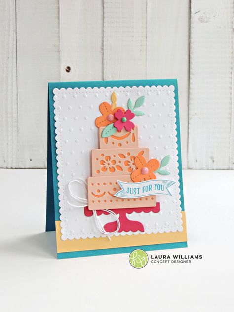 Celebration Cards Handmade, Wedding Cake Card, Birthday Cake Cards Handmade, Cake Cards Ideas, Momenta Dies Cards, Cake Card Design, Three Tier Birthday Cake, Birthday Cake Cards, Tier Birthday Cake