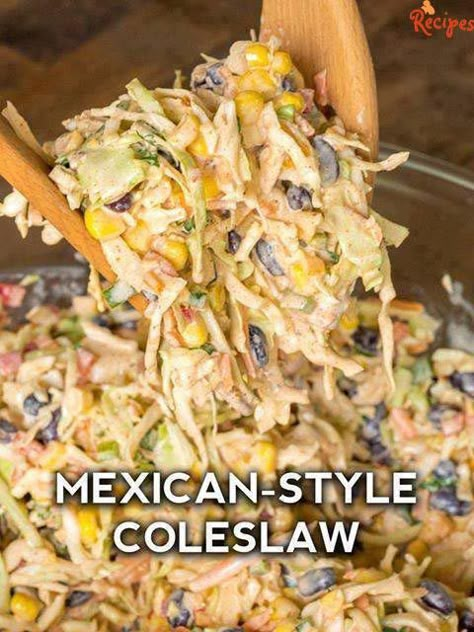 Mexican Corn Coleslaw - made with taco seasoning beans corn cilantro etc. Looks yummy Corn Coleslaw, Mexican Corn, Cole Slaw, Slaw Recipes, Coleslaw Mix, Coleslaw Recipe, Mexican Foods, Idee Pasto Sano, Thanksgiving Menu