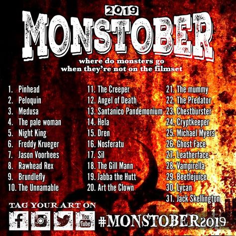 Monstober Official on Instagram: “The official #Monstober2019 prompt list. As requested here are only the characters for the challenge.  Check the little animation to see…” Monster Drawing Challenge, 300 Drawing Prompts, Origin Of Halloween, Art Journal Challenge, October Art, Art Challenges, The Creeper, Drawing Prompts, Monster Drawing