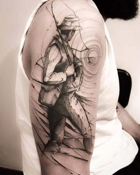 Pole Tattoo, Fisherman Tattoo, Fly Fishing Tattoo, Jack Tattoo, Wildlife Tattoo, Bear Tattoo Designs, Hunting Tattoos, Cool Half Sleeve Tattoos, Fly Fishing Art