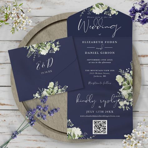 Navy Blue Greenery QR Code Monogram Wedding All In One Invitation Floral Wedding Inspiration, Navy Blue Wedding Invitations, Country Garden Weddings, Blue Wedding Inspiration, Blue Invitation, Navy Wedding Invitations, Garden Wedding Invitations, Elegant Typography, Personalised Wedding Invitations