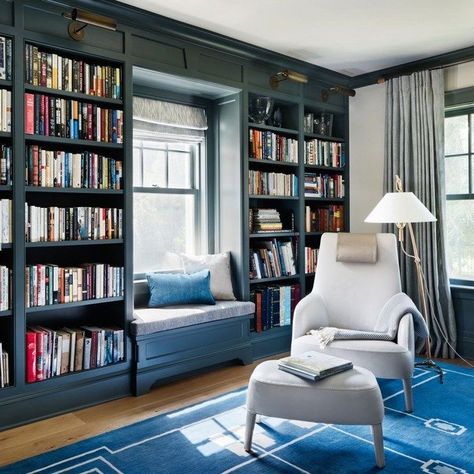 Ceiling High Bookshelves, Bookshelf With Ladder High Ceilings, Big Window Bookshelf, High Ceiling Library Bookshelves, Full Wall Bookshelf With Window, Blue Green Rooms, Painted Built Ins, Home Library Design, Wall Bookshelves