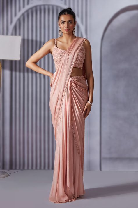 Shop for these amazing collections of Pink Saree: Crepe Chiffon Embroidered Border Pre-draped With Blouse For Women by Pritika Vora online at Aza Fashions. Pink Net Saree Look, Heavy Blouse With Plain Saree, Saree Blouse Designs Sleeveless, Trendy Sarees For Farewell, Pastel Pink Saree, Saree Blouse Sleeveless, Side Zip Blouse, Cocktail Sarees, Plain Georgette Saree