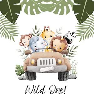 digitalfilesbycourt - Etsy Safari Car, Jungle Images, Baby Safari Animals, Birthday Cards Images, Safari Animals Birthday, Car Png, The Wild One, First Birthday Cards, Animals Birthday